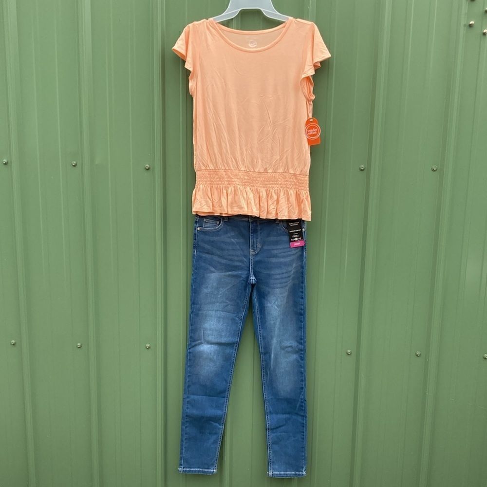 Girls Denim Skinny Jeans & Elastic Waist T-Shirt 2-Piece Set Size 18